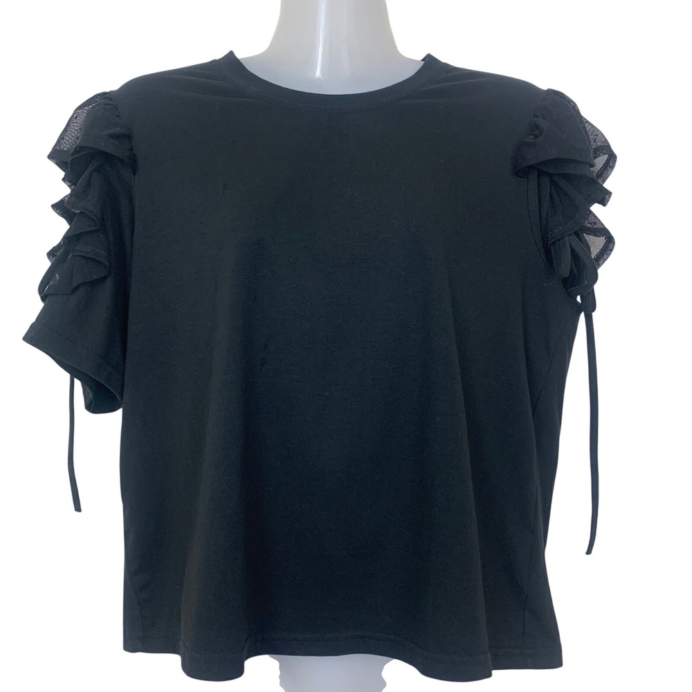 Dazy Women's XL Black Mesh Ruffle Shoulder‎ Short Sleeve Tee Shirt Goth Romantic